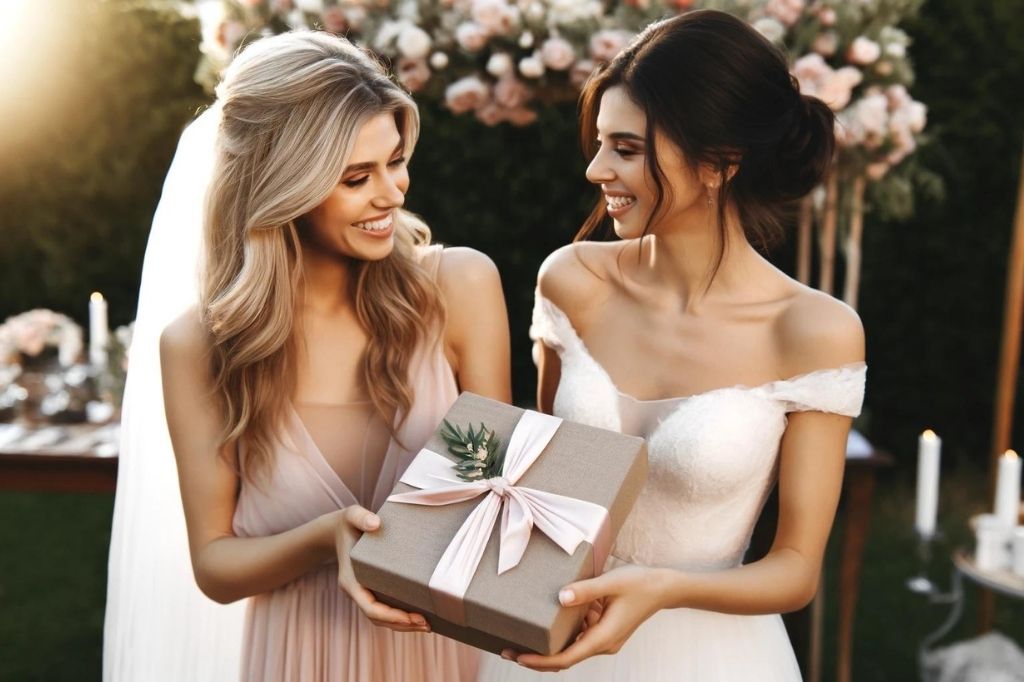 Cherished Moments Bridesmaid Presenting Wedding Day Gift to Bride